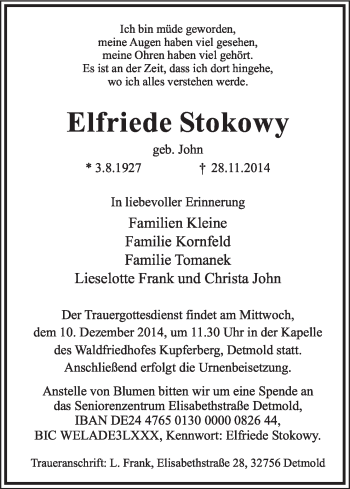 Traueranzeige von Elfriede Stokowy von Neue Osnabrücker Zeitung GmbH & Co. KG