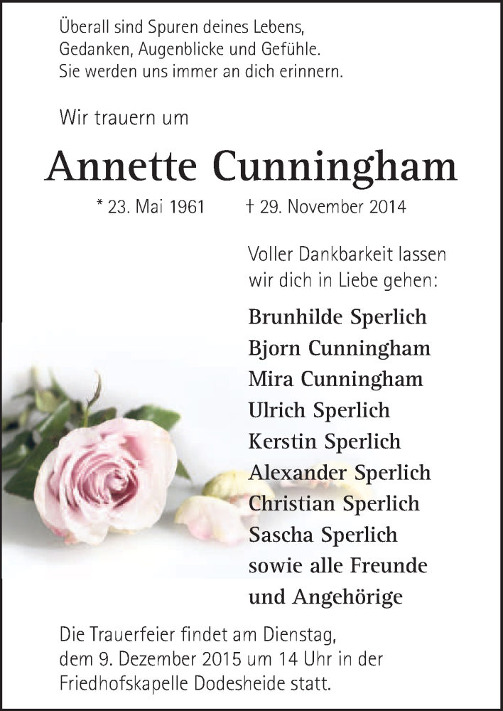  Traueranzeige für Annette Cunningham vom 04.12.2014 aus Neue Osnabrücker Zeitung GmbH & Co. KG