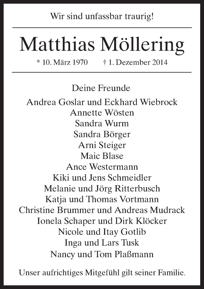  Traueranzeige für Matthias Möllering vom 05.12.2014 aus Neue Osnabrücker Zeitung GmbH & Co. KG