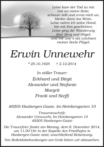 Traueranzeige von Erwin Unnewehr von Neue Osnabrücker Zeitung GmbH & Co. KG