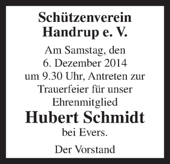 Traueranzeige von Hubert Schmidt von Neue Osnabrücker Zeitung GmbH & Co. KG