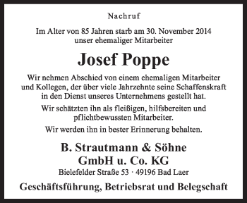 Traueranzeige von Josef Poppe von Neue Osnabrücker Zeitung GmbH & Co. KG