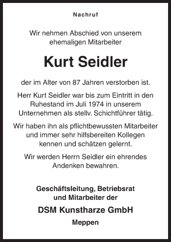 Traueranzeige von Kurt Seidler von Neue Osnabrücker Zeitung GmbH & Co. KG