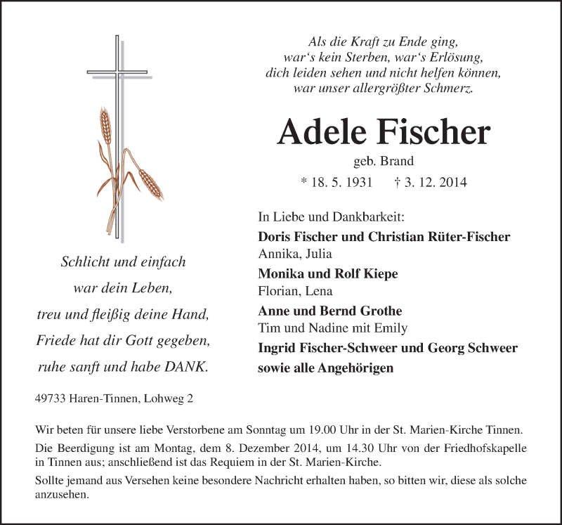  Traueranzeige für Adele Fischer vom 06.12.2014 aus Neue Osnabrücker Zeitung GmbH & Co. KG