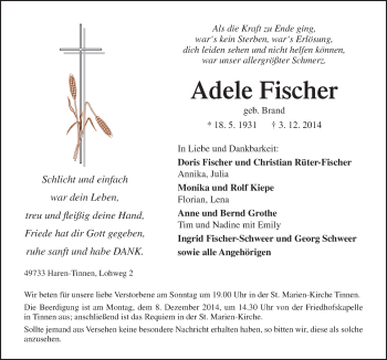 Traueranzeige von Adele Fischer von Neue Osnabrücker Zeitung GmbH & Co. KG