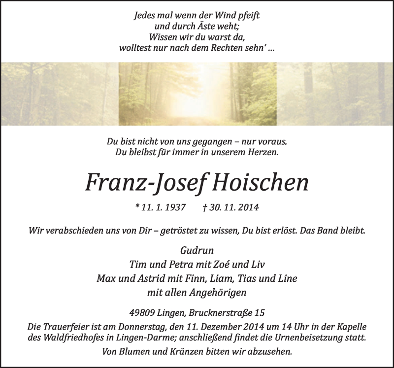  Traueranzeige für Franz-Josef Hoischen vom 06.12.2014 aus Neue Osnabrücker Zeitung GmbH & Co. KG