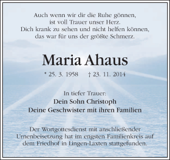 Traueranzeige von Maria Ahaus von Neue Osnabrücker Zeitung GmbH & Co. KG