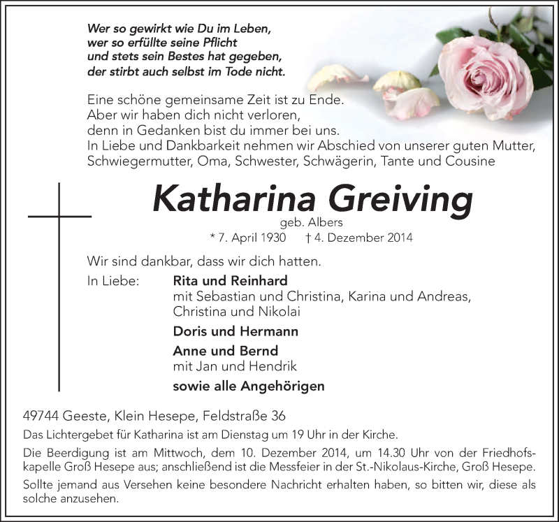  Traueranzeige für Katharina Greiving vom 06.12.2014 aus Neue Osnabrücker Zeitung GmbH & Co. KG