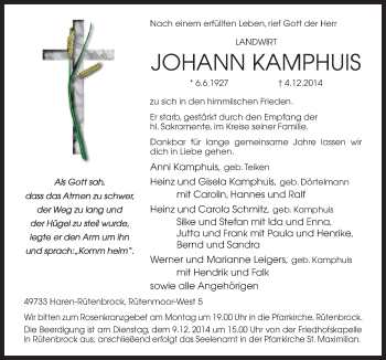 Traueranzeige von Johann Kamphius von Neue Osnabrücker Zeitung GmbH & Co. KG