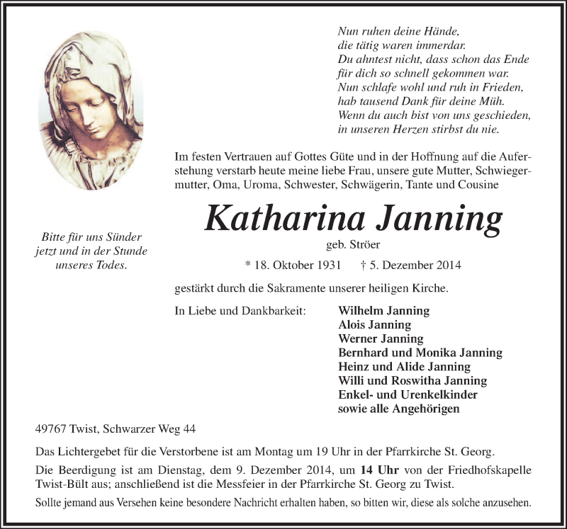  Traueranzeige für Katharina Janning vom 08.12.2014 aus Neue Osnabrücker Zeitung GmbH & Co. KG