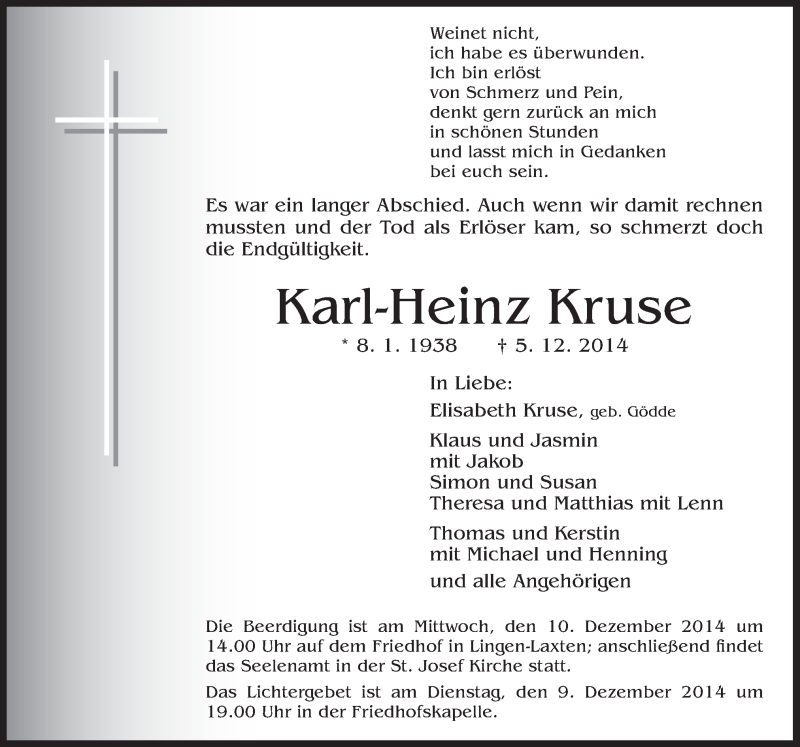  Traueranzeige für Karl-Heinz Kruse vom 08.12.2014 aus Neue Osnabrücker Zeitung GmbH & Co. KG