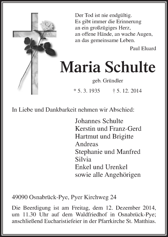  Traueranzeige für Maria Schulte vom 08.12.2014 aus Neue Osnabrücker Zeitung GmbH & Co. KG