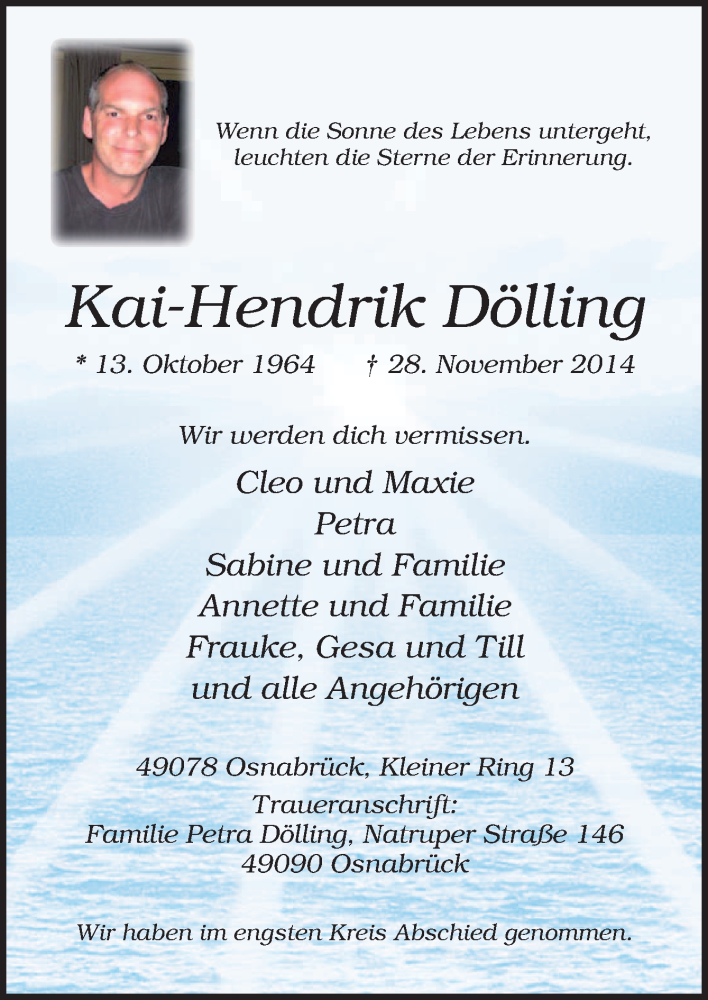  Traueranzeige für Kai-Hendrik Dölling vom 13.12.2014 aus Neue Osnabrücker Zeitung GmbH & Co. KG