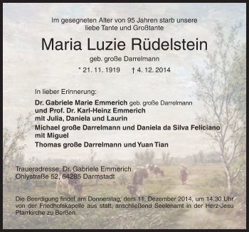 Traueranzeige von Maria Luzie Rüdelstein von Neue Osnabrücker Zeitung GmbH & Co. KG