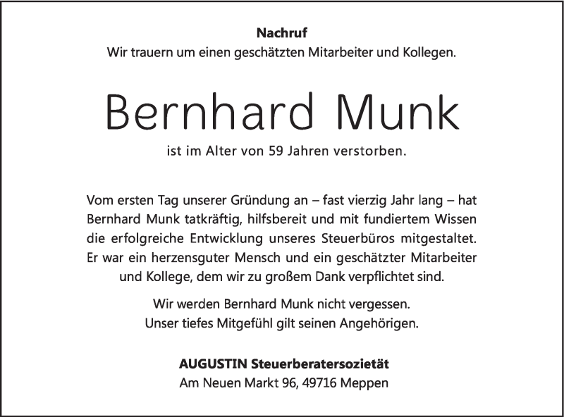  Traueranzeige für Bernhard Munk vom 10.12.2014 aus Neue Osnabrücker Zeitung GmbH & Co. KG