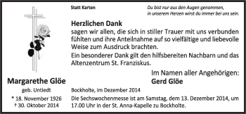 Traueranzeige von Margarethe Glöe von Neue Osnabrücker Zeitung GmbH & Co. KG