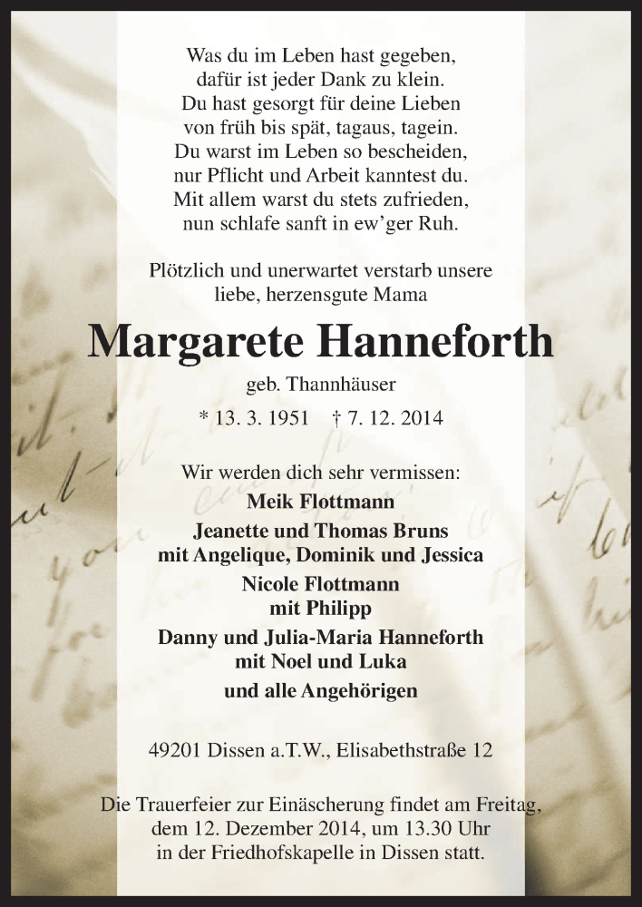 Traueranzeige für Margarete Hanneforth vom 10.12.2014 aus Neue Osnabrücker Zeitung GmbH & Co. KG