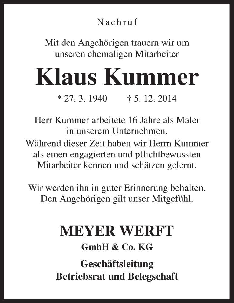  Traueranzeige für Klaus Kummer vom 10.12.2014 aus Neue Osnabrücker Zeitung GmbH & Co. KG