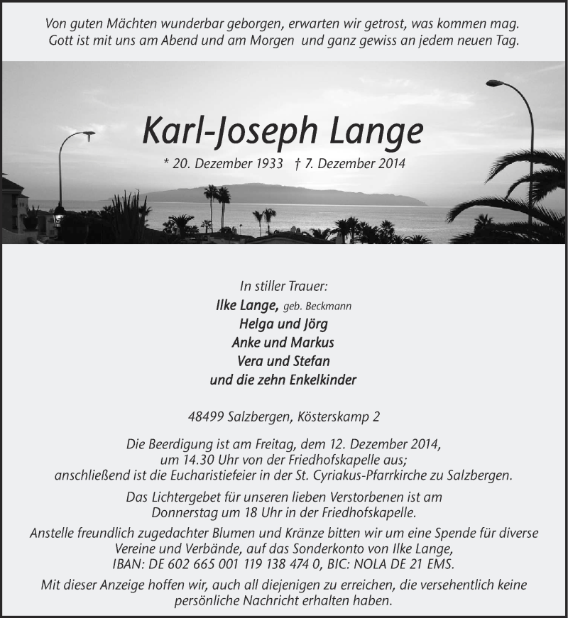  Traueranzeige für Karl-Joseph Lange vom 10.12.2014 aus Neue Osnabrücker Zeitung GmbH & Co. KG