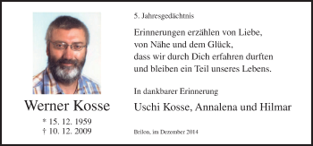 Traueranzeige von Werner Kosse von Neue Osnabrücker Zeitung GmbH & Co. KG