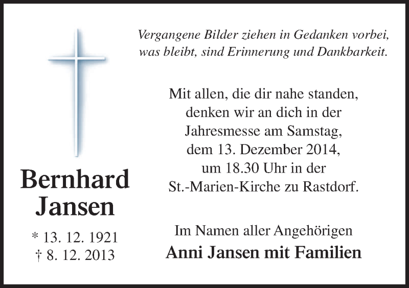  Traueranzeige für Bernhard Jansen vom 12.12.2014 aus Neue Osnabrücker Zeitung GmbH & Co. KG