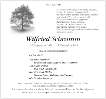 Traueranzeige von Wilfried Schramm von Neue Osnabrücker Zeitung GmbH & Co. KG