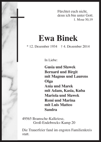 Traueranzeige von Ewa Binek von Neue Osnabrücker Zeitung GmbH & Co. KG