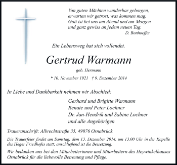 Traueranzeige von Gertrud Warmann von Neue Osnabrücker Zeitung GmbH & Co. KG