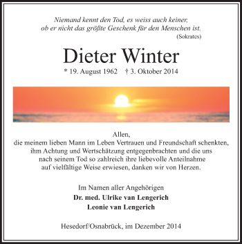Traueranzeige von Dieter Winter von Neue Osnabrücker Zeitung GmbH & Co. KG