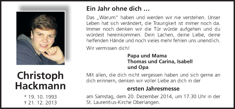 Traueranzeige für Christoph Hackmann vom 17.12.2014 aus Neue Osnabrücker Zeitung GmbH & Co. KG