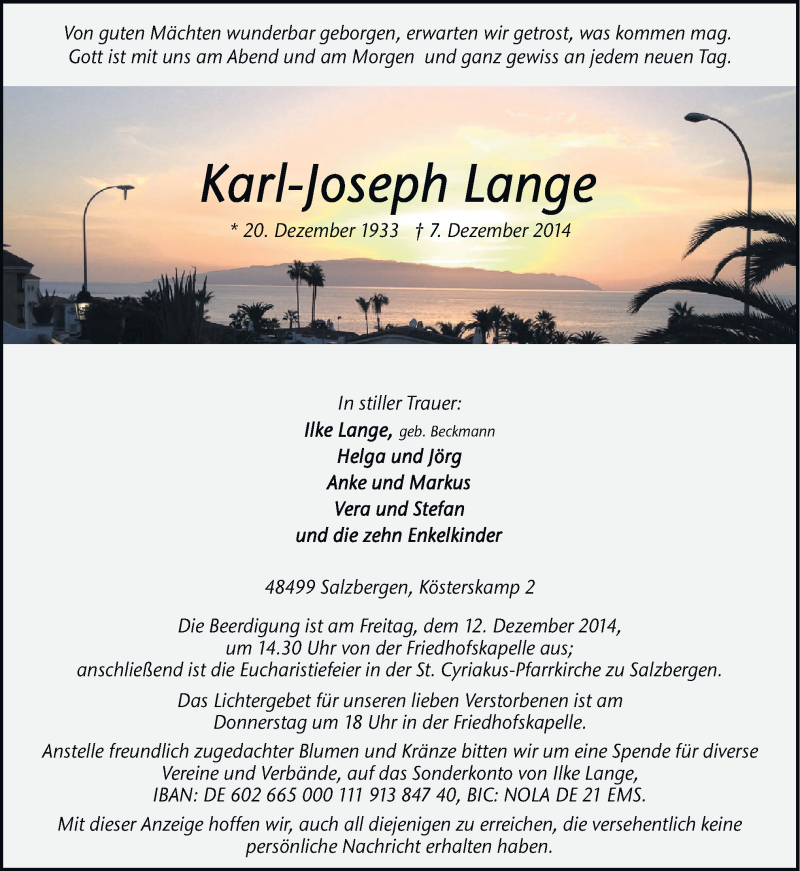  Traueranzeige für Karl-Joseph Lange vom 11.12.2014 aus Neue Osnabrücker Zeitung GmbH & Co. KG