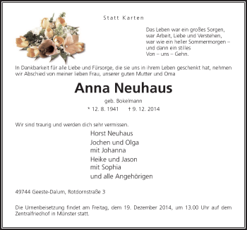 Traueranzeige von Anna Neuhaus von Neue Osnabrücker Zeitung GmbH & Co. KG