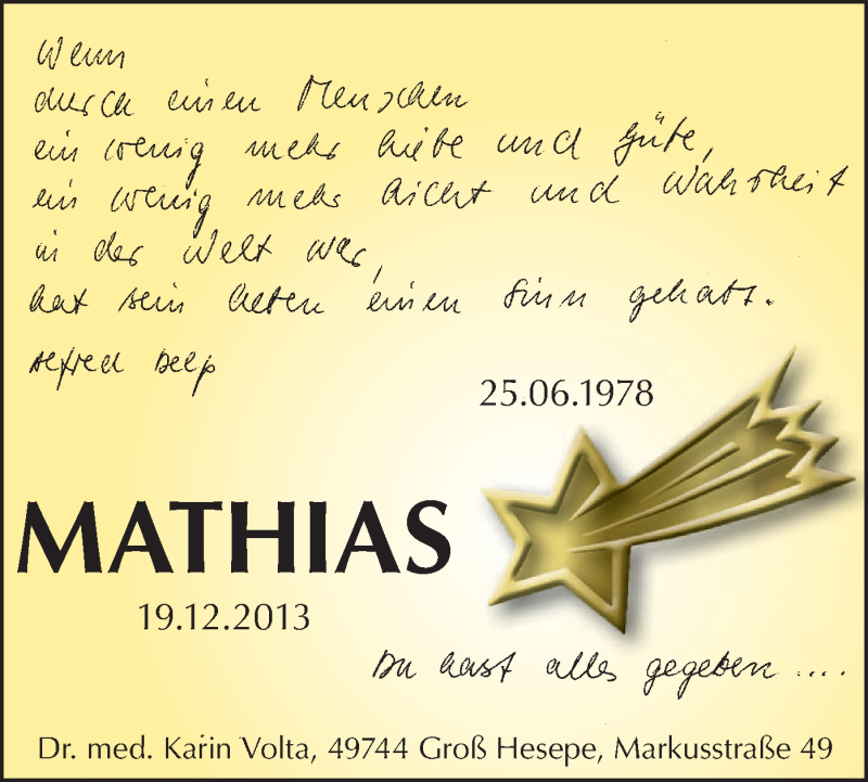  Traueranzeige für Mathias Volta vom 19.12.2014 aus Neue Osnabrücker Zeitung GmbH & Co. KG