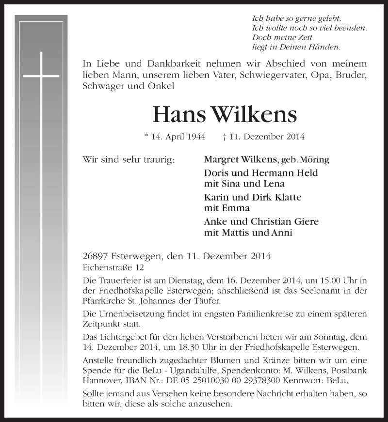  Traueranzeige für Hans Wilkens vom 13.12.2014 aus Neue Osnabrücker Zeitung GmbH & Co. KG