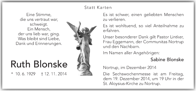  Traueranzeige für Ruth Blonske vom 13.12.2014 aus Neue Osnabrücker Zeitung GmbH & Co. KG