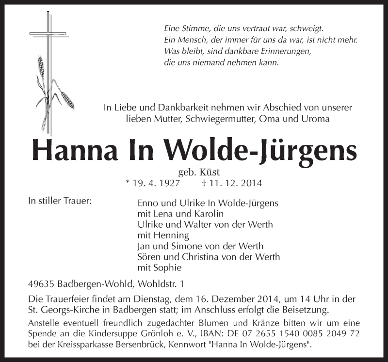  Traueranzeige für Hanna In Wolde-Jürgens vom 13.12.2014 aus Neue Osnabrücker Zeitung GmbH & Co. KG