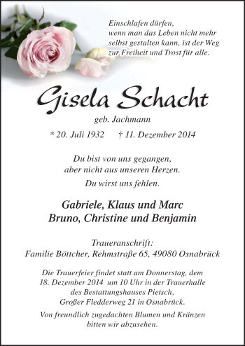 Traueranzeige von Gisela Schacht von Neue Osnabrücker Zeitung GmbH & Co. KG