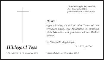 Traueranzeige von Hildegard Voss von Neue Osnabrücker Zeitung GmbH & Co. KG