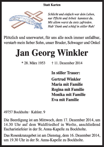 Traueranzeige von Jan Georg Winkler von Neue Osnabrücker Zeitung GmbH & Co. KG