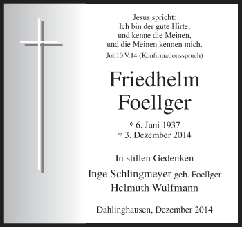 Traueranzeige von Friedhelm Foellger von Neue Osnabrücker Zeitung GmbH & Co. KG