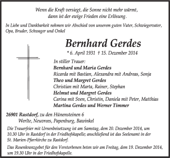 Traueranzeige von Bernhard Gerdes von Neue Osnabrücker Zeitung GmbH & Co. KG