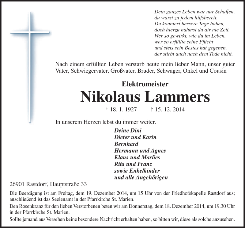  Traueranzeige für Nikolaus Lammers vom 17.12.2014 aus Neue Osnabrücker Zeitung GmbH & Co. KG