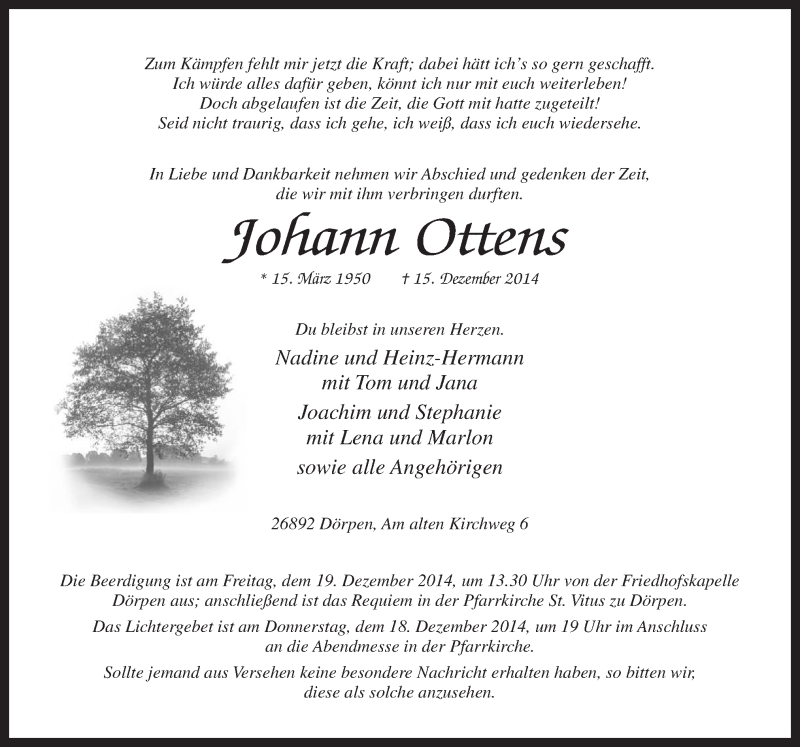  Traueranzeige für Johann Ottens vom 17.12.2014 aus Neue Osnabrücker Zeitung GmbH & Co. KG