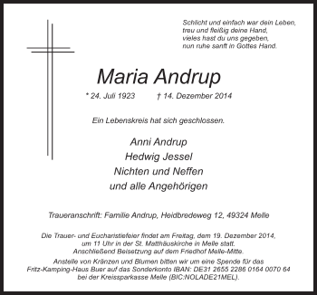 Traueranzeige von Maria Andrup von Neue Osnabrücker Zeitung GmbH & Co. KG