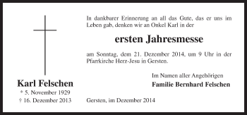 Traueranzeige von Karl Felschen von Neue Osnabrücker Zeitung GmbH & Co. KG