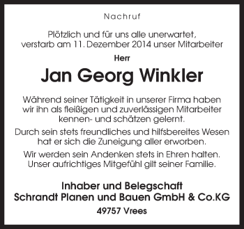 Traueranzeige von Jan Georg Winkler von Neue Osnabrücker Zeitung GmbH & Co. KG