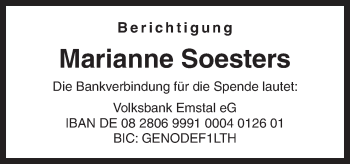 Traueranzeige von Marianne Soesters von Neue Osnabrücker Zeitung GmbH & Co. KG