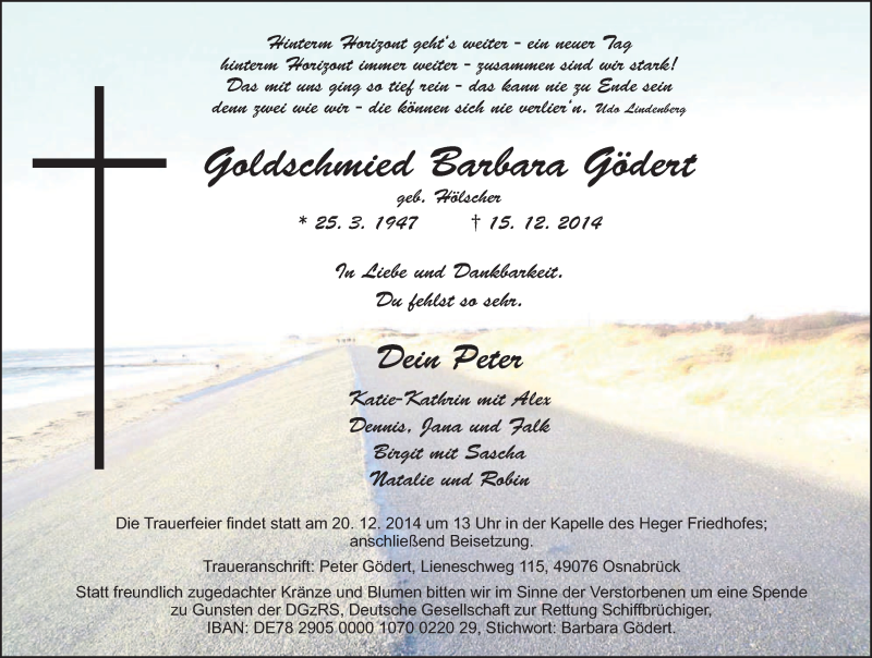  Traueranzeige für Barbara Gödert vom 17.12.2014 aus Neue Osnabrücker Zeitung GmbH & Co. KG