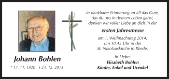 Traueranzeige von Johann Bohlen von Neue Osnabrücker Zeitung GmbH & Co. KG