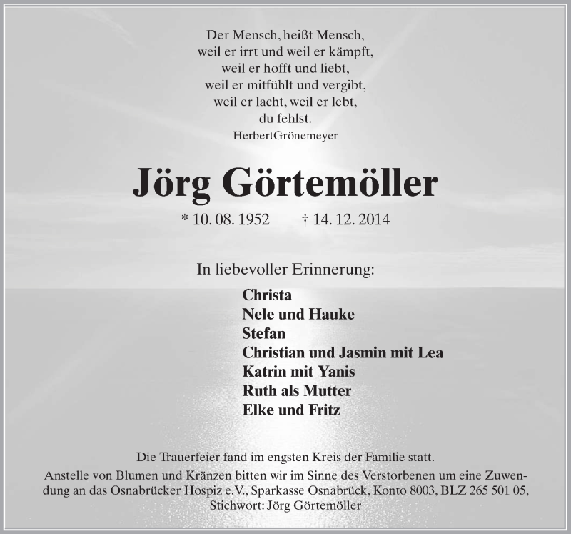  Traueranzeige für Jörg Görtemöller vom 19.12.2014 aus Neue Osnabrücker Zeitung GmbH & Co. KG